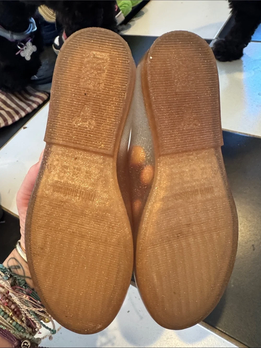 Mini Melissa Glittery Beige Mary Jane Flats with Rhinestone Butterfly